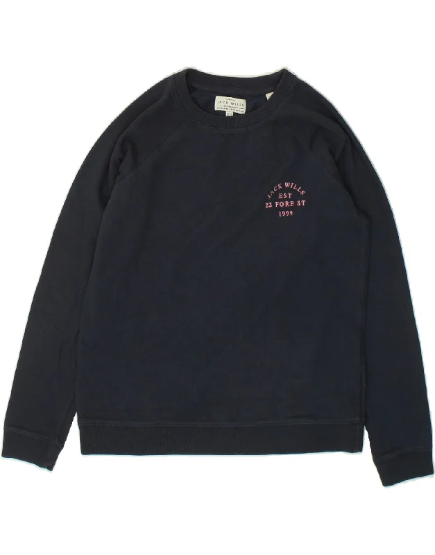 JACK WILLS Womens Sweatshirt Jumper UK 14 Large Navy Blue Cotton Hoodie with Toggle Buttons Decorative Unique