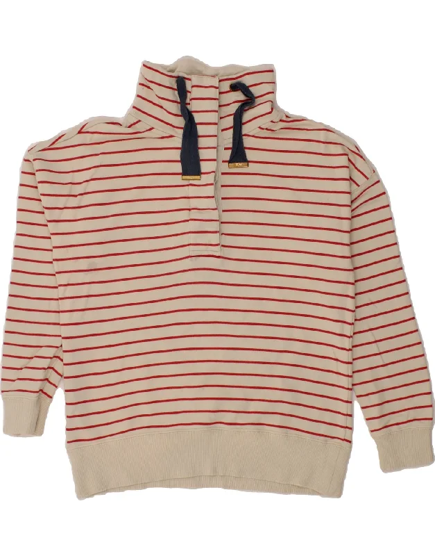 JOULES Womens Button Neck Sweatshirt Jumper UK 12 Medium  Beige Striped Hoodie with Distressed Vintage Worn