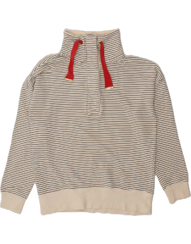 JOULES Womens Button Neck Sweatshirt Jumper UK 12 Medium Off White Striped Hoodie with Hem Drawcord Adjustable Customizable