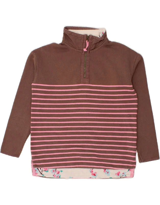 JOULES Womens Zip Neck Sweatshirt Jumper UK 8 Small Brown Striped Cotton Hoodie with Slim Fit Tailored Modern