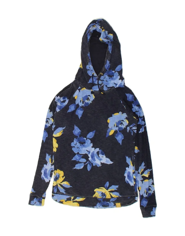 JULES Womens Graphic Hoodie Jumper UK 10 Small Navy Blue Floral Cotton Hoodie with V-Neck Classic Versatile