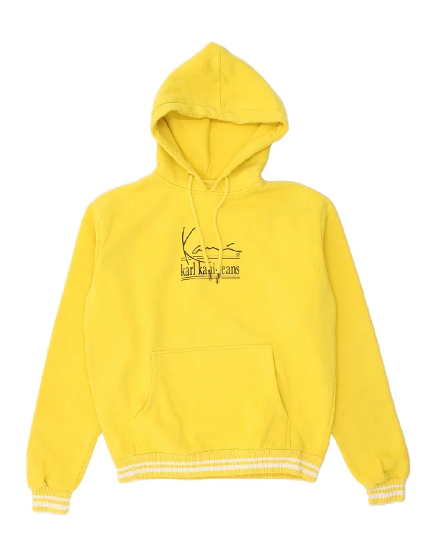 KARL KANI Mens Graphic Hoodie Jumper Small Yellow Cotton Hoodie with Stripes Bold Sporty