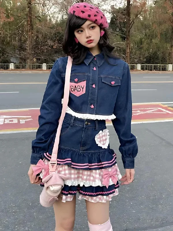 Kawaii Layered Denim Mini Skirt belted skirt waist