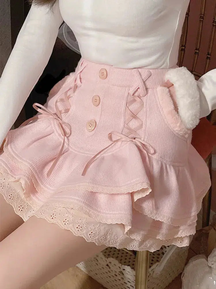 Kawaii Ruffled Layered Lace Mini Skirt wrap skirt elegant