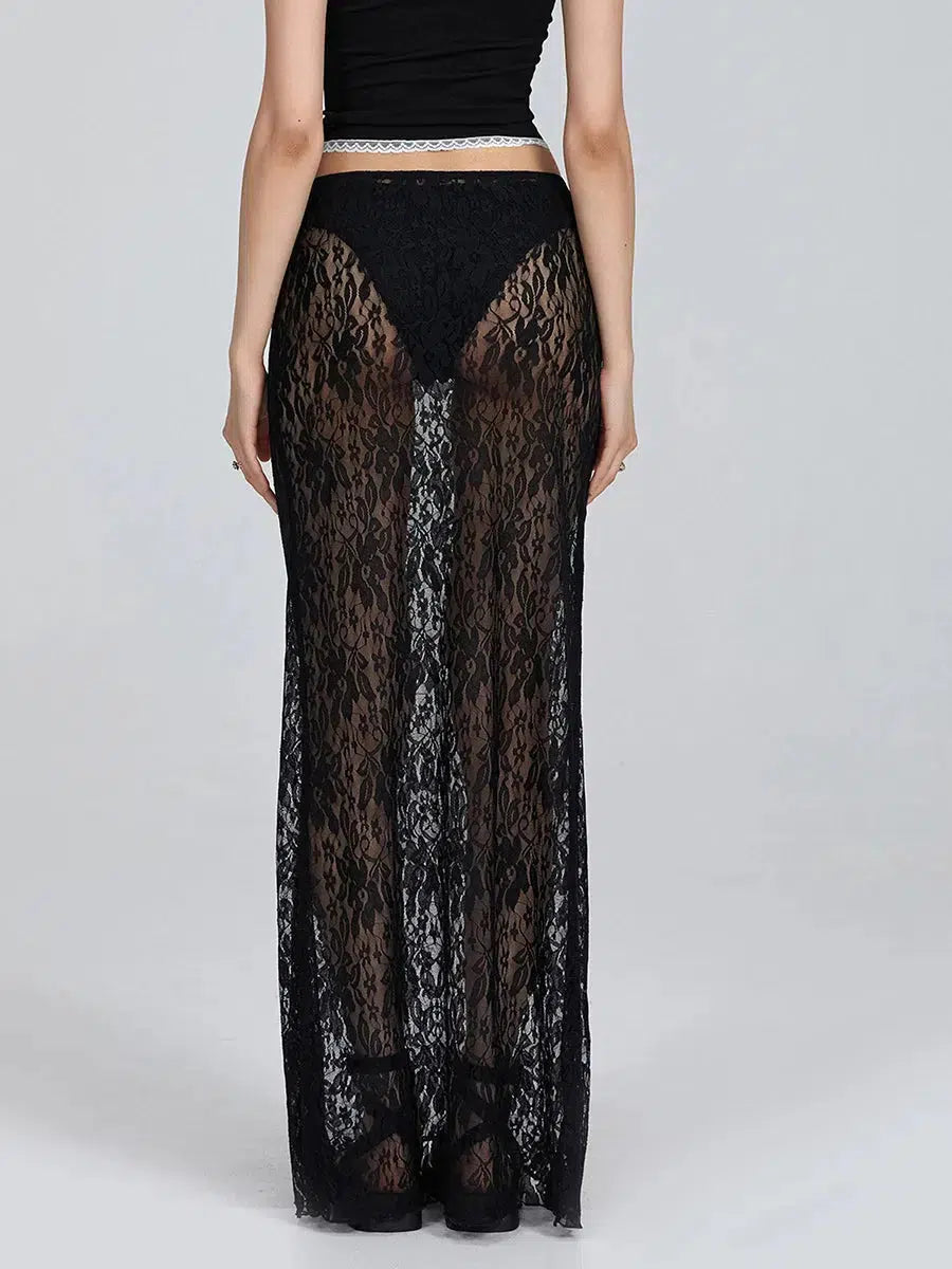 Lace Sheer Low Rise Maxi Skirt wool skirt thick