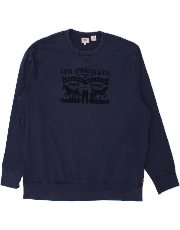 LEVI'S Mens Graphic Sweatshirt Jumper 2XL Navy Blue Cotton Hoodie with Stripes Bold Sporty