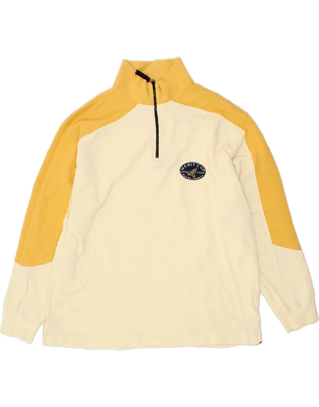 MERIT CUP Mens Zip Neck Sweatshirt Jumper XL Yellow Colourblock Cotton Hoodie with Sequins Glamorous Eye-catching