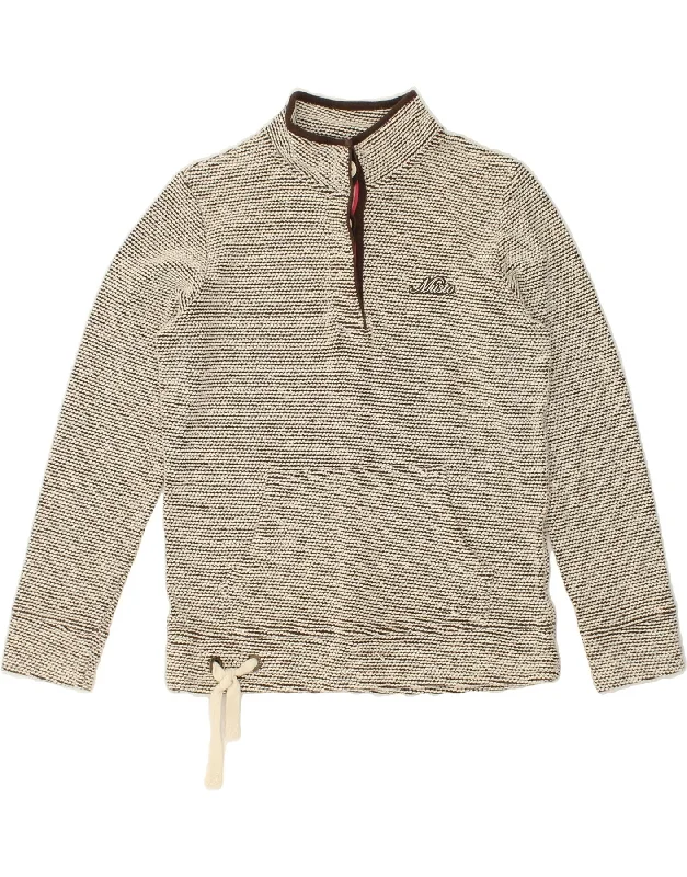 MUSTO Womens Button Neck Sweatshirt Jumper UK 10 Small  Beige Cotton Hoodie with Print Artistic Unique