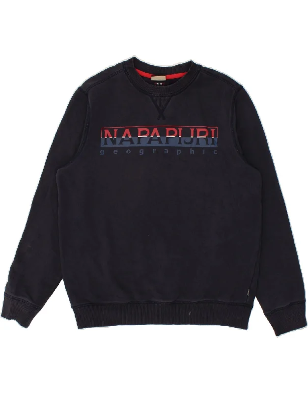 NAPAPIJRI Mens Graphic Sweatshirt Jumper Medium Navy Blue Hoodie with Ribbed Neckline Snug Warm
