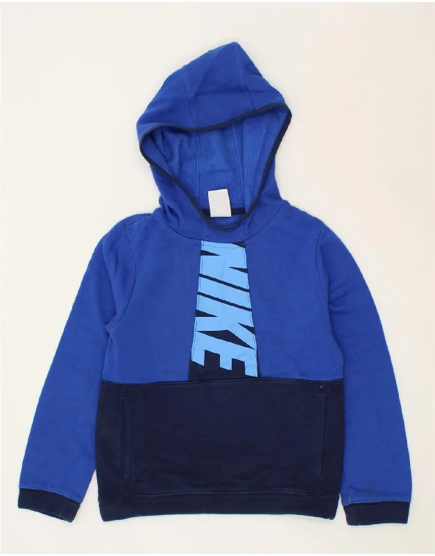 NIKE Boys Graphic Hoodie Jumper 8-9 Years Small Blue Colourblock Hoodie with Tie-Dye Psychedelic Retro