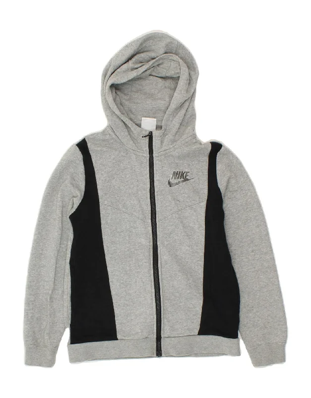 NIKE Boys Zip Hoodie Sweater 10-11 Years Medium Grey Colourblock Cotton Hoodie with Drawcord Adjustable Secure