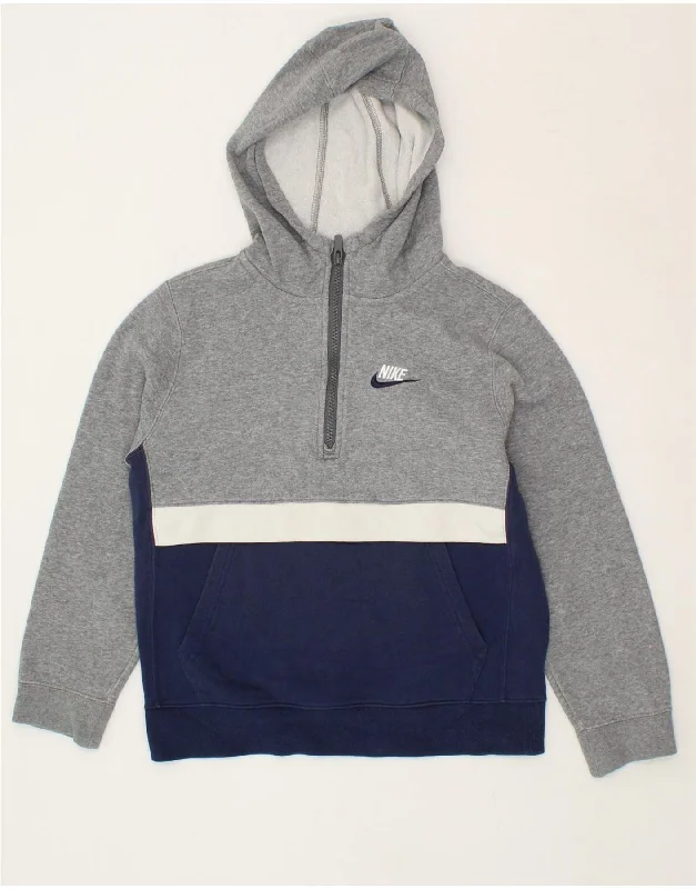 NIKE Boys Zip Neck Hoodie Jumper 10-11 Years Medium  Grey Colourblock Hoodie with Strings Custom Fit Adjustable