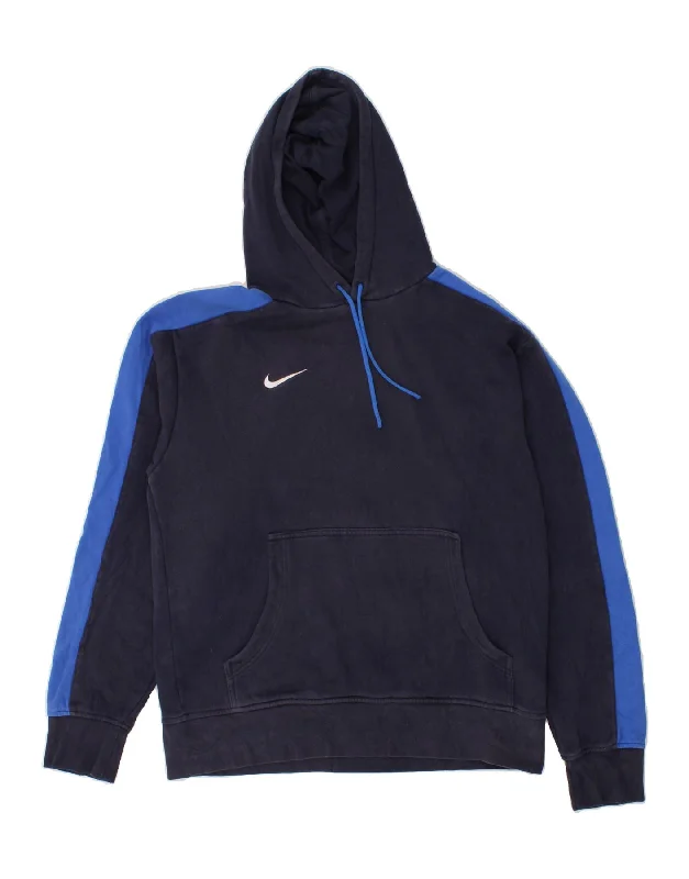 NIKE Mens Dri Fit Graphic Hoodie Jumper UK 42/44 Large Navy Blue Cotton Hoodie with Neon Bright Vibrant