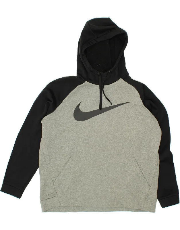 NIKE Mens Dri Fit Graphic Hoodie Jumper XL Grey Colourblock Polyester Hoodie with Cropped Fit Short Trendy