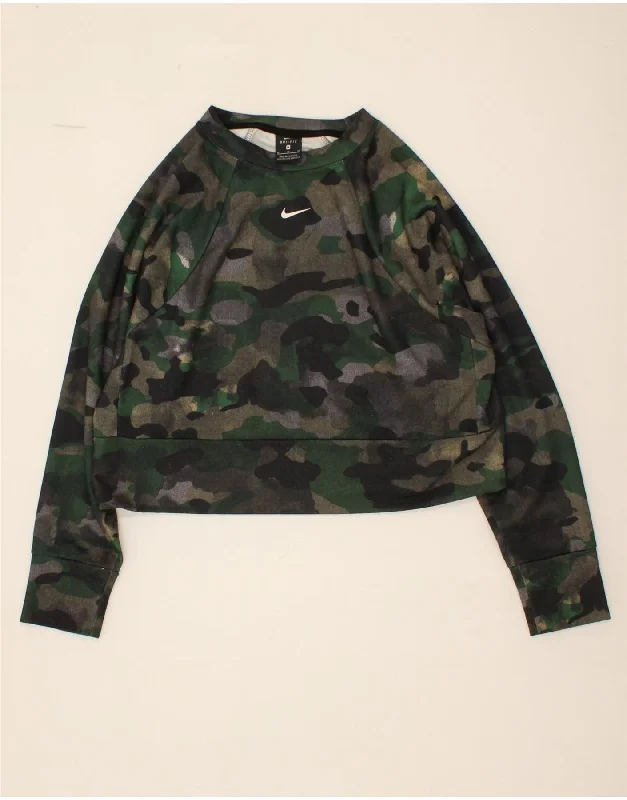 NIKE Womens Dri Fit Crop Sweatshirt Jumper UK 14 Medium Green Camouflage Hoodie with Logo Branding Identity