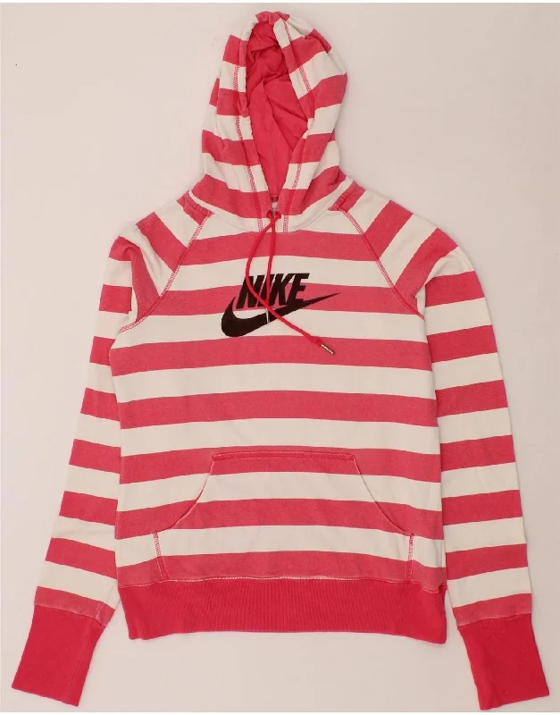 NIKE Womens Graphic Hoodie Jumper UK 14/16 Large Pink Striped Cotton Hoodie with Color Block Contrast Stylish