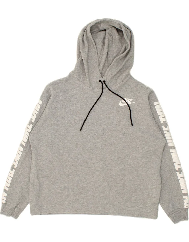 NIKE Womens Graphic Hoodie Jumper UK 14 Medium Grey Hoodie with Cuffed Sleeves Snug Secure