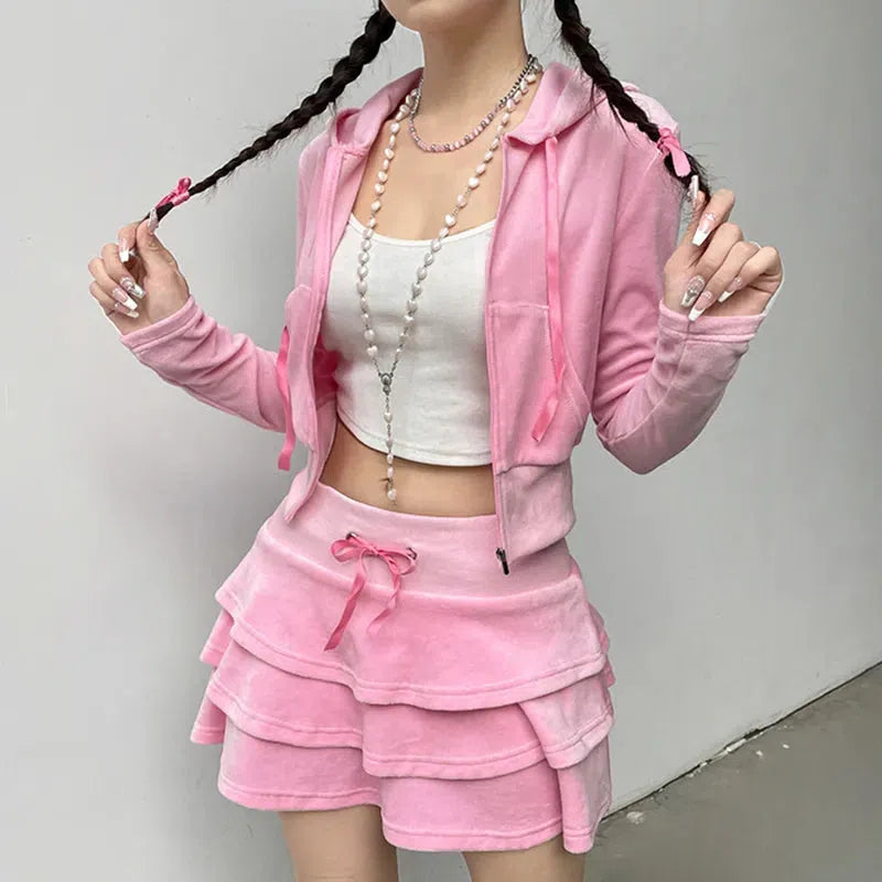 Pink Aesthetic Skirt & Hoodie Two Piece Set tiered skirt playful