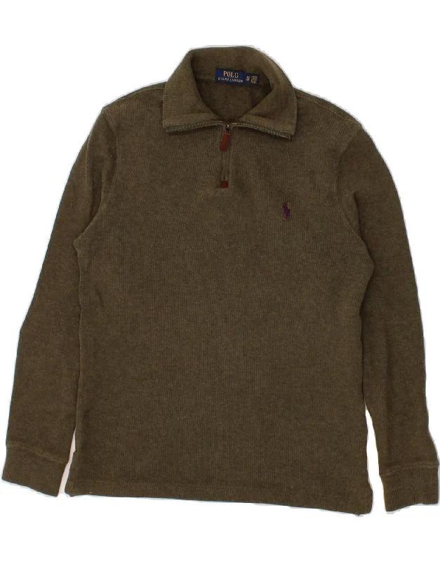 POLO RALPH LAUREN Mens Zip Neck Sweatshirt Jumper XS Khaki Cotton Hoodie with Rhinestones Sparkly Elegant