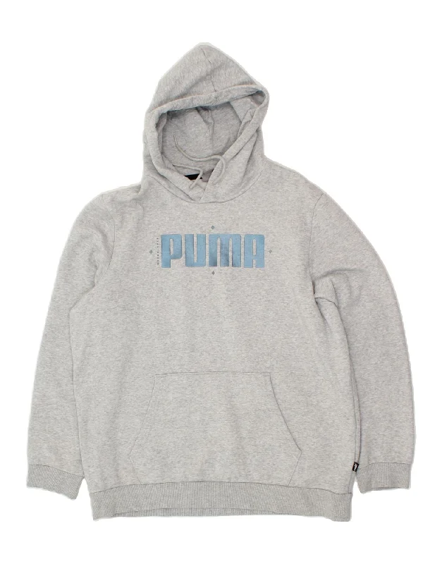PUMA Mens Graphic Hoodie Jumper Large Grey Cotton Hoodie with Raw Hem Edgy Unfinished
