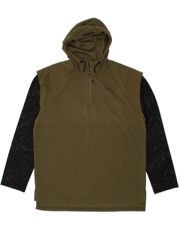 PUMA Mens Zip Neck Hoodie Jumper XL Khaki Colourblock Polyester Hoodie with Contrast Stitching Detailed Premium