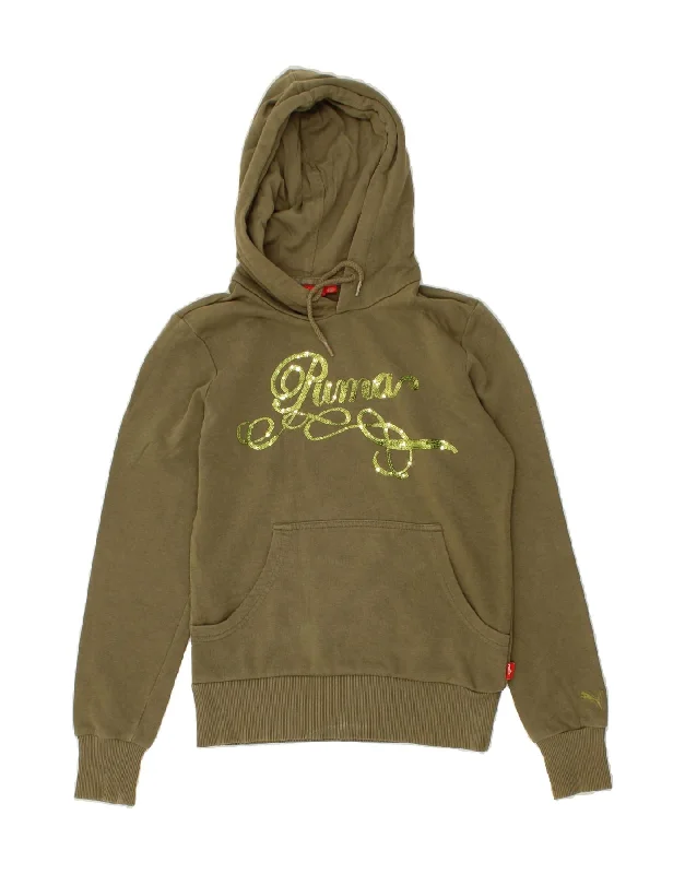 PUMA Womens Graphic Hoodie Jumper UK  8 Small Khaki Cotton Hoodie with Pattern Geometric Abstract
