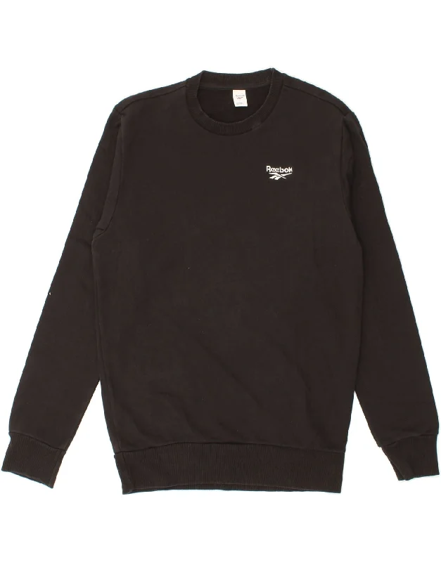 REEBOK Mens Sweatshirt Jumper Small Black Hoodie with Ribbed Cuffs Snug Fit Comfort