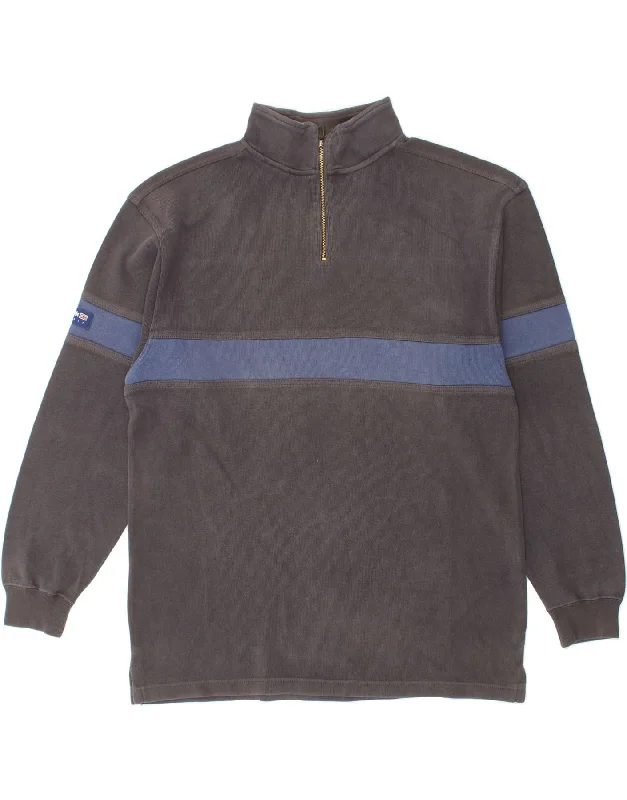 REEBOK Mens Zip Neck Sweatshirt Jumper Medium Grey Striped Cotton Hoodie with Relaxed Fit Easy Casual