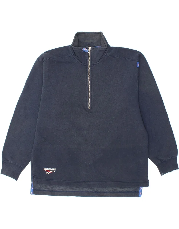 REEBOK Mens Zip Neck Sweatshirt Jumper XL Navy Blue Cotton Hoodie with Raw Hem Edgy Unfinished