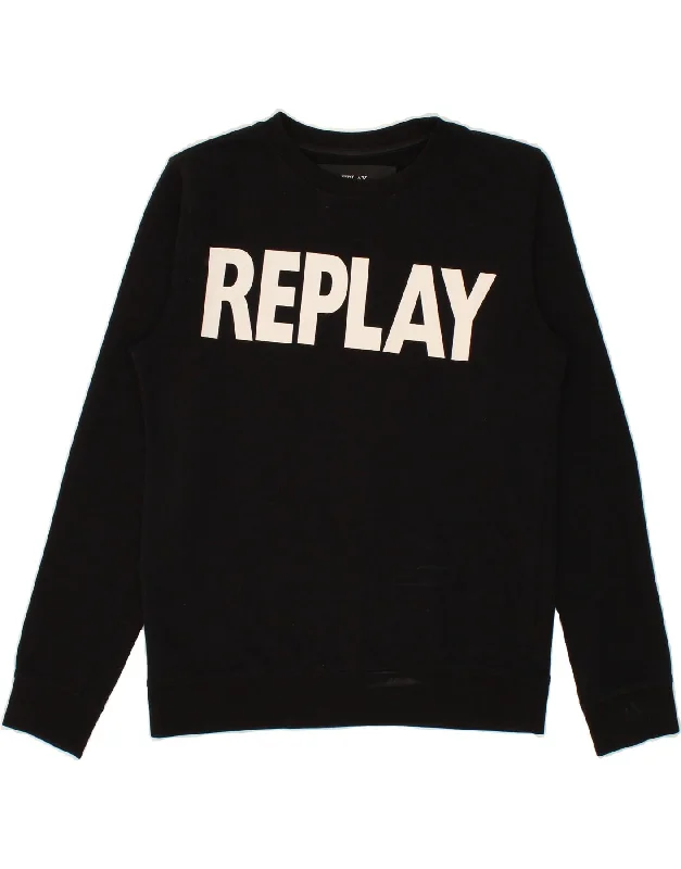 REPLAY Womens Graphic Sweatshirt Jumper UK 16 Large Black Cotton Hoodie with Batwing Sleeves Loose Dramatic