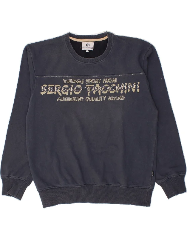 SERGIO TACCHINI Mens Graphic Sweatshirt Jumper XL Navy Blue Cotton Hoodie with Patch Decorative Personalized