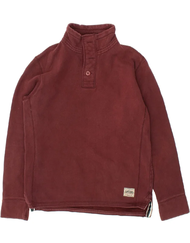 SUPERDRY Mens Button Neck Sweatshirt Jumper 2XL Burgundy Cotton Hoodie with Magnetic Closure Innovative Modern