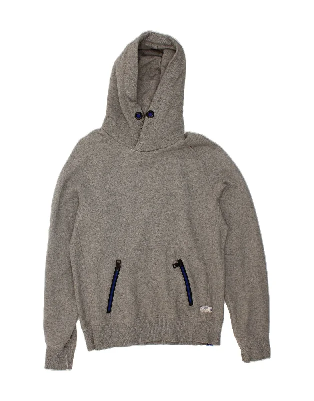 SUPERDRY Mens Hoodie Jumper Large Grey Cotton Hoodie with Front Slit Layering Stylish