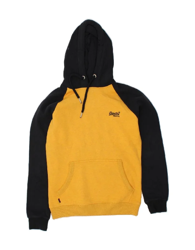 SUPERDRY Mens Hoodie Jumper Medium Yellow Colourblock Hoodie with Hem Applique Textured Unique