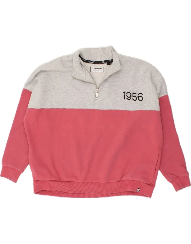 SUPERDRY Womens Oversized Zip Neck Sweatshirt Jumper UK 14 Large  Pink Hoodie with Hem Frayed Vintage Worn