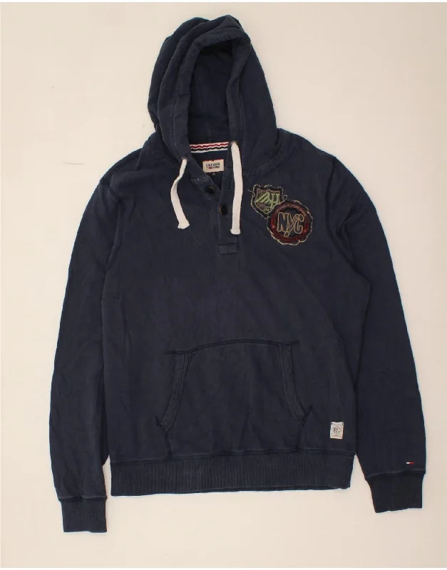 TOMMY HILFIGER Mens Graphic Button Neck Hoodie Jumper XL Navy Blue Cotton Hoodie with Hem Fringe Bohemian Relaxed