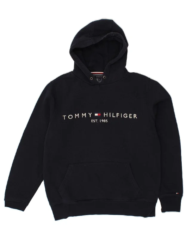 TOMMY HILFIGER Mens Graphic Hoodie Jumper Medium Navy Blue Cotton Hoodie with Reflective Safety Nightwear