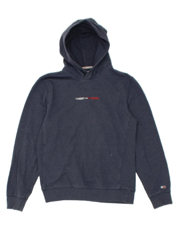 TOMMY HILFIGER Mens Hoodie Jumper Medium Navy Blue Flecked Cotton Hoodie with Rolled Sleeves Casual Relaxed