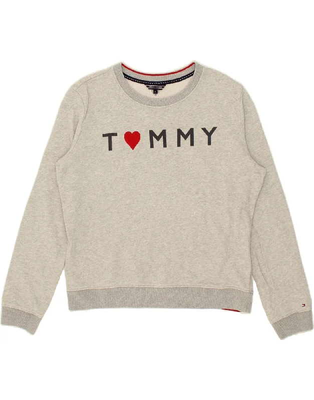 TOMMY HILFIGER Womens Graphic Crop Sweatshirt Jumper UK 12 Medium Grey Hoodie with Double Zipper Versatile Adjustable