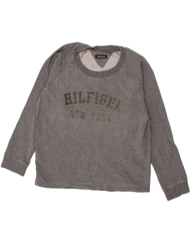 TOMMY HILFIGER Womens Graphic Sweatshirt Jumper UK 16 Large Grey Cotton Hoodie with Strings Custom Fit Adjustable