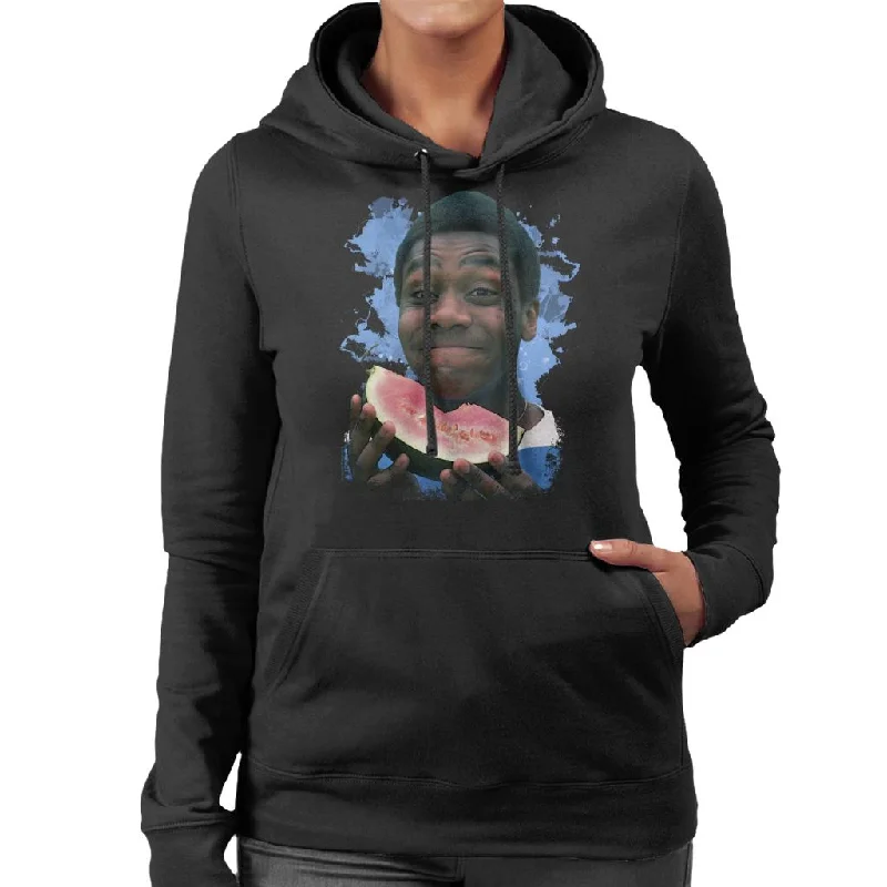 TV Times A Young Lenny Henry Eating A Watermelon Women's Hooded Sweatshirt Hoodie with Hem Fringe Bohemian Relaxed