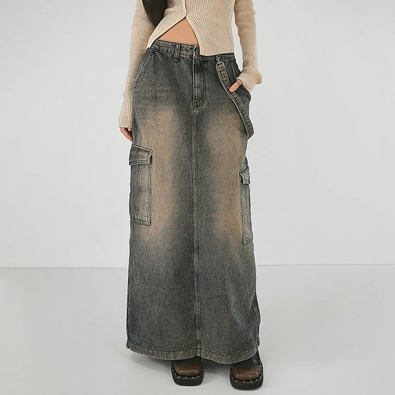 Y2K Side Strap Cargo Maxi Skirt corduroy skirt cozy