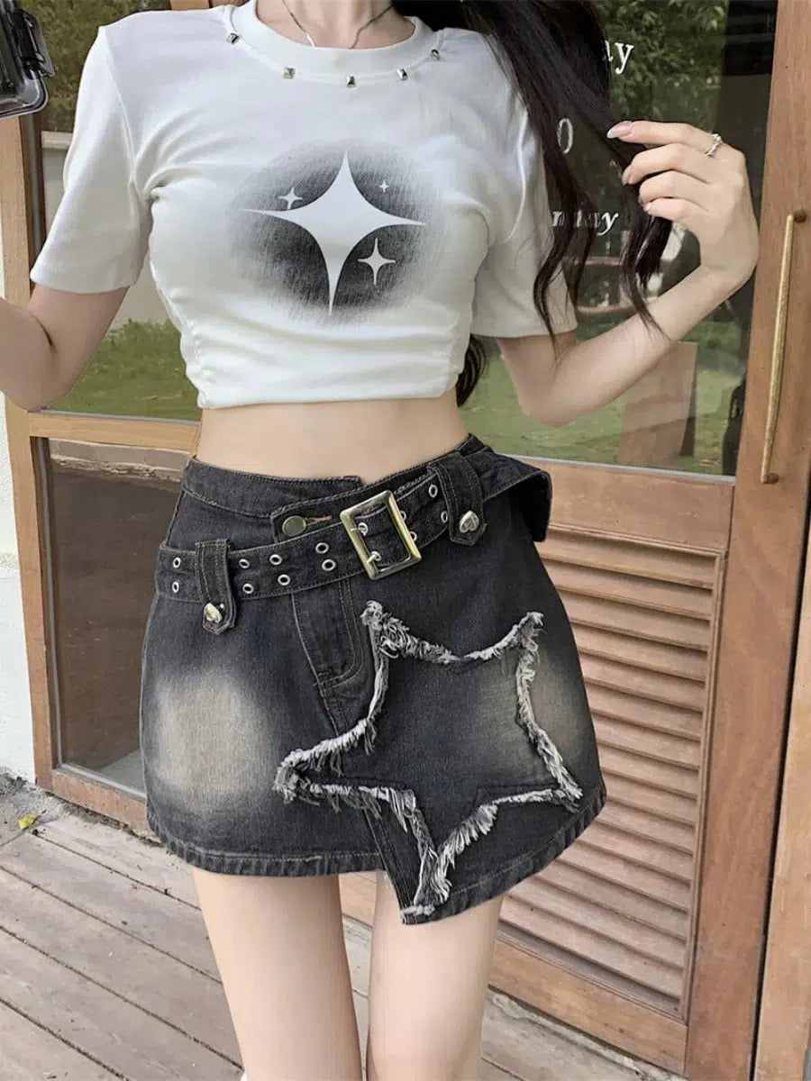 Y2K Star Asymmetric Denim Mini Skirt silk skirt lustrous