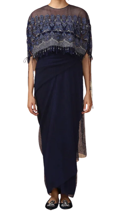 Navy Blue Embroidered Cape with Dhoti Skirt seamless skirt comfort