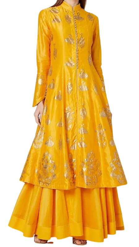 SAMPLE SALE: Gold and Yellow Swan Foil Print Kurta with Skirt slim fit skirt