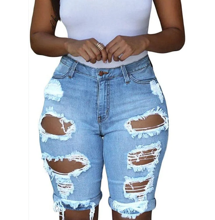 Women Ripped Denim Destroyed Mid Rise Stretchy Bermuda Jeans Fashionable Jeggings Style Jeans