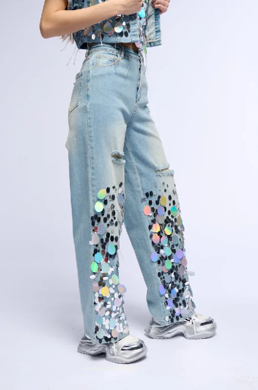 A GIRL NAMED LUCKY EMBELLISHED WIDE LEG RIPPED JEANS Trendy Vintage Denim Jeans