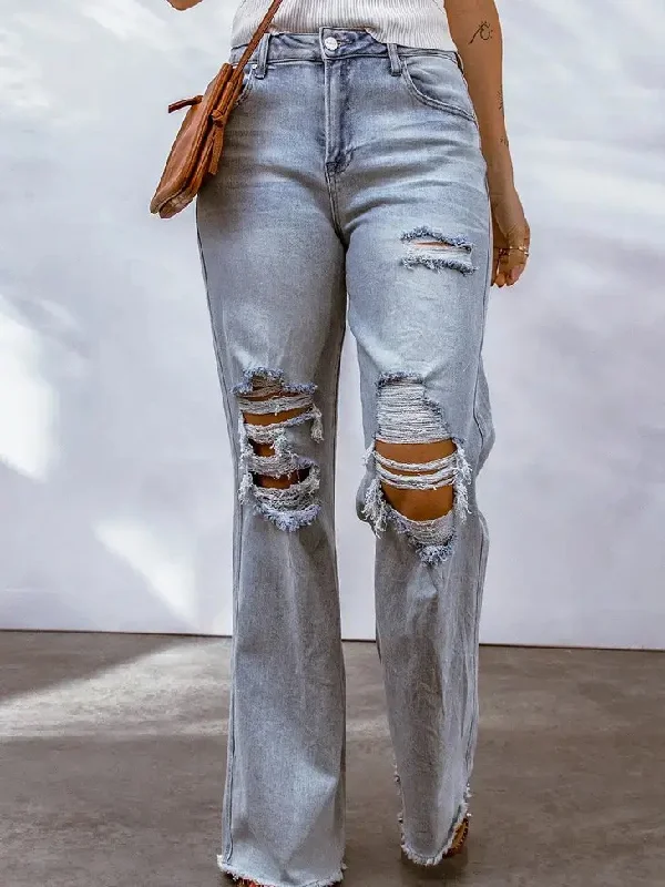 Acid Wash Wide Leg Raw Hem Distressed Jeans Fashionable Distressed Jeans