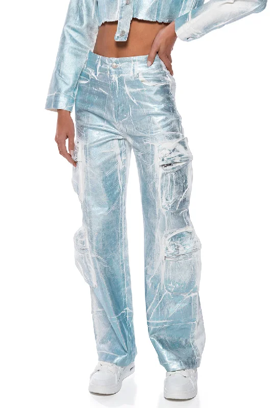 AUBREY BRUSHED METALLIC WIDE LEG CARGO JEANS Fashionable Straight Cut Jeans