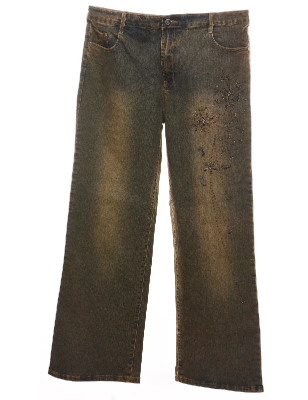 Beaded Floral Faded Wash Y2K Jeans - W36 L32 Casual Distressed Denim Jeans